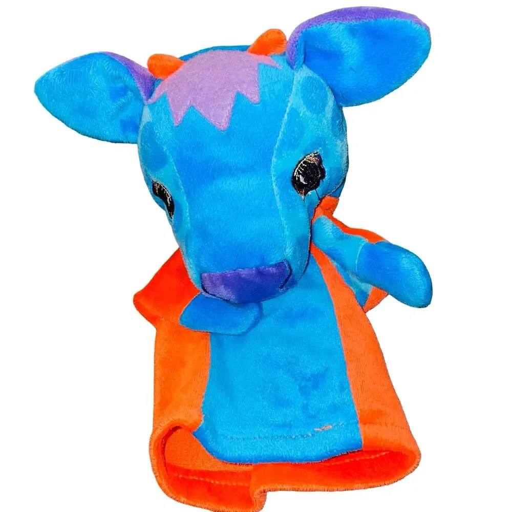 The Puppet Company Cow Hand Puppet Blue Orange Colorful Knitted Sock Toy 10
